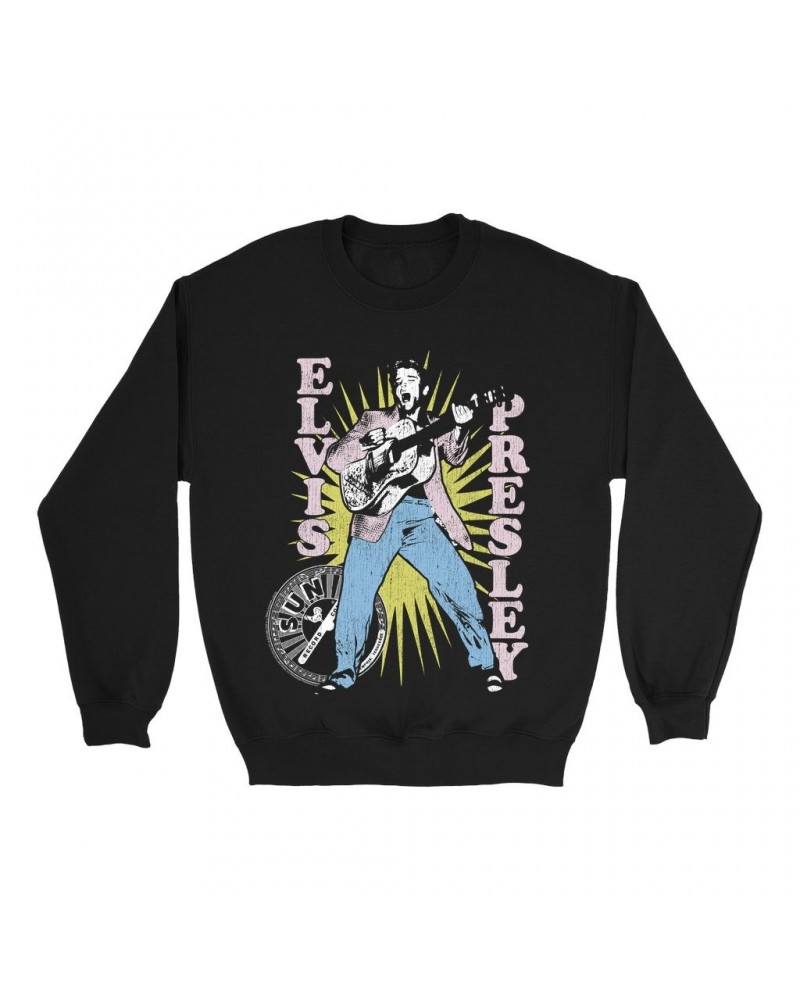 Elvis Presley Sun Records Sweatshirt | Singing In Burst Distressed Sun Records Sweatshirt $16.08 Sweatshirts